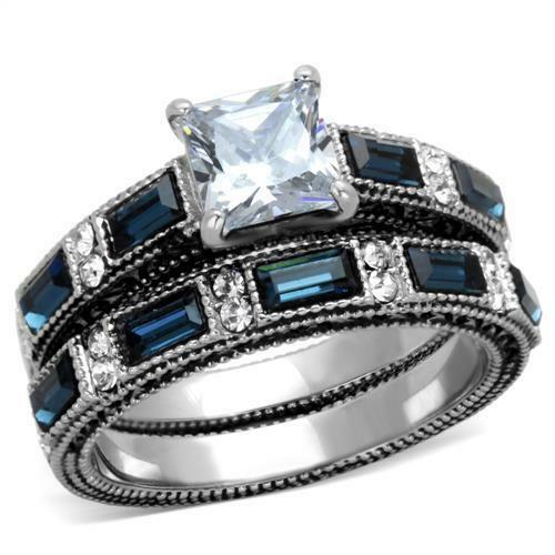 Juego de boda Princess Cut transparente y azul CZ acero inoxidable TK316 - Imagen 1 de 25