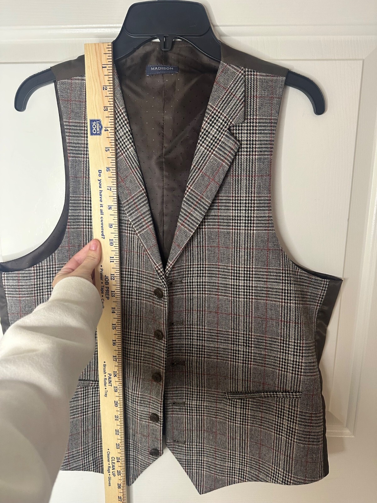 Madison Mens Medium Glen Plaid Vest Brown Satin Back & Dotted Lining Irish Style