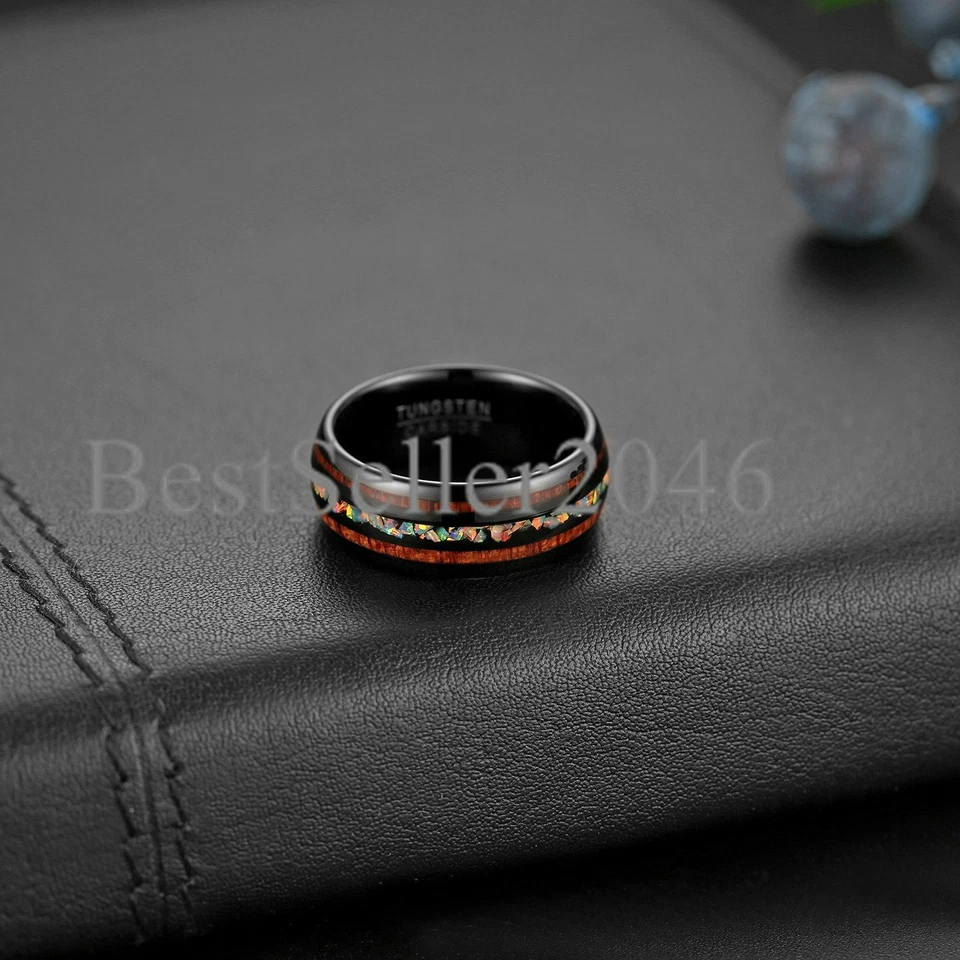 Alianza de tungsteno ópalo de 8 mm con banda abovedada de madera de koa ajuste cómodo talla 6-14 Foto 2 de 4