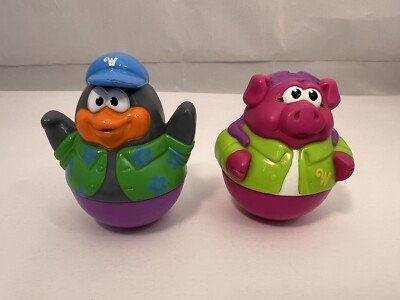 2003 2004 Hasbro Weeble Wobbles Girl Pig & Boy Penguin with Hat