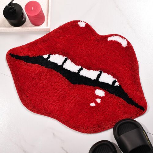 Lips Shaped Bathroom Rug Cute Red Bath Mat Non Slip Absorbent Plush Shower Rugs - Picture 2 of 9