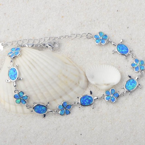 Hawaii Blue Opal Turtle Bracelet 925 Sterling Sliver Jewelry For Women Girls - Afbeelding 1 van 6