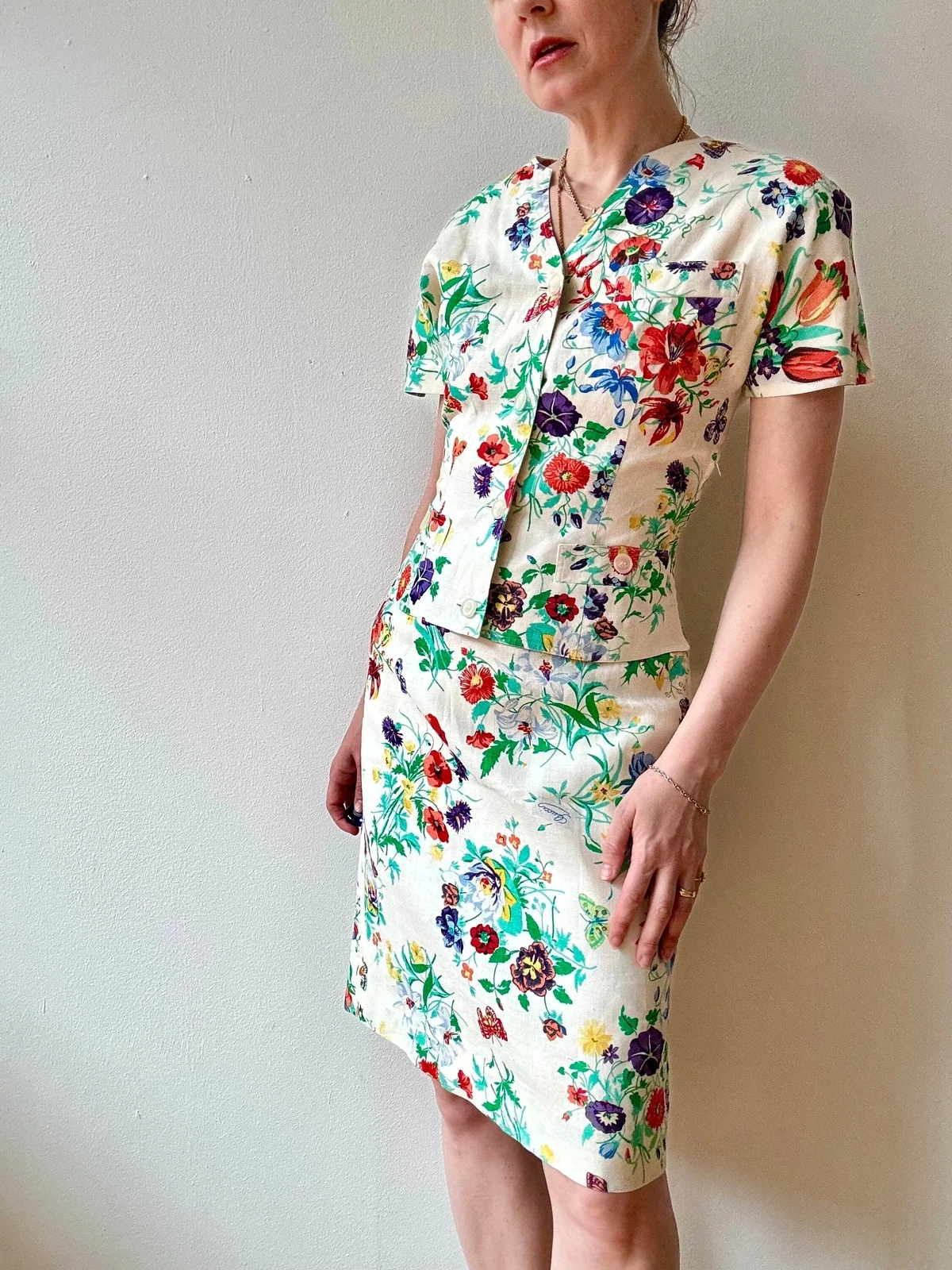 Robe vintage années 1980 Gucci lin floral peplum