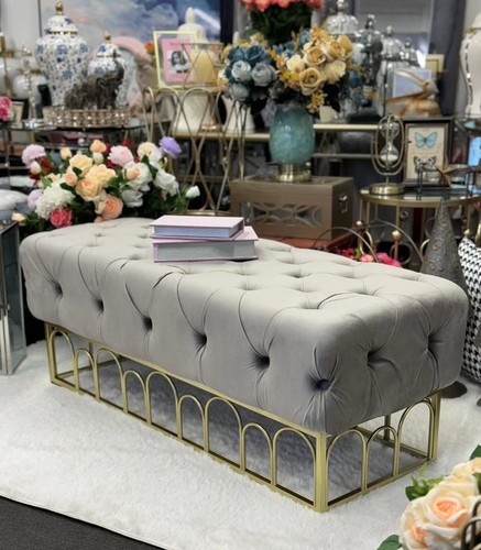 Bed end tufted long bench seating with gold metal base grey velvet 125 - Picture 3 of 23