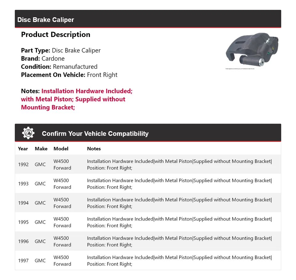 Pinza de freno de disco delantera derecha Cardone 1993 1994 GMC W4500 1992-1997 Foto 2 de 4