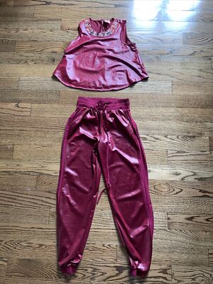 Set of 2 Crop Top Bottom Active High Waisted Pants Burgundy Red Size Small