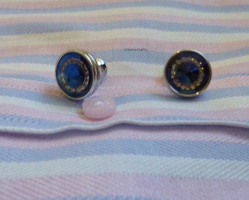 High quality silvered solid brass Crystal round shape Culflink Blue - Picture 6 of 6