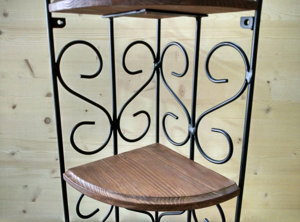 Mensola angoliera in ferro battuto e legno stile rustico nero/noce antico  - Immagine 4 di 4