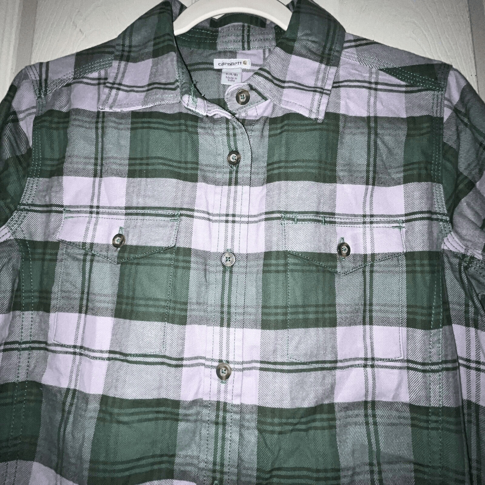 Carhartt Flannel Plaid Button Down Shirt Wmn’s Sz S 4 / 6 Green Purple Gorpcore thumbnail 3