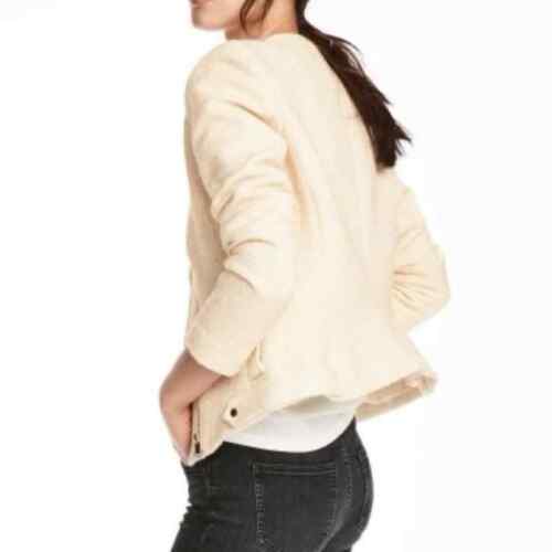 H&M Jacket Womens Sz 10 Beige Textured Boucle Tweed Biker Cream Zipper Teddy - Picture 1 of 15