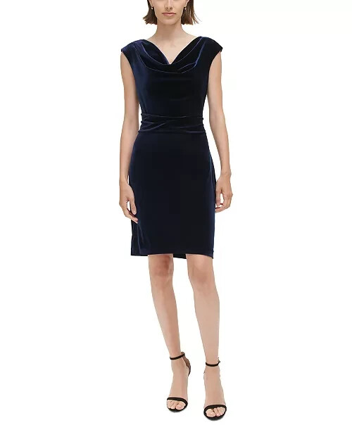 Jessica Howard Petite Velvet Cowl-Neck Sheath Dress Women's 12P Navy  Pullover