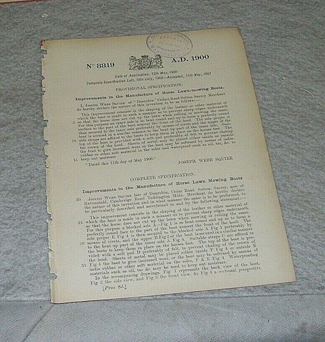 IMPROVEMENTS IN MANUFACTURE OF HORSE LAWN-MOWING BOOTS APTENT SQUIER SUTTON 1900 - Picture 2 of 2