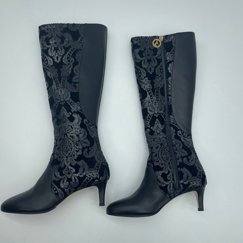 Moon D'elle Calante Black Floral Velvet Knee High Heel Boots Made in Italy 37.5 - Picture 12 of 20