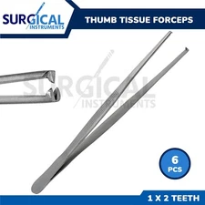 6 Pcs Thumb Tissue Forceps 6.00" 1 x 2 Teeth Stainless Steel German Grade