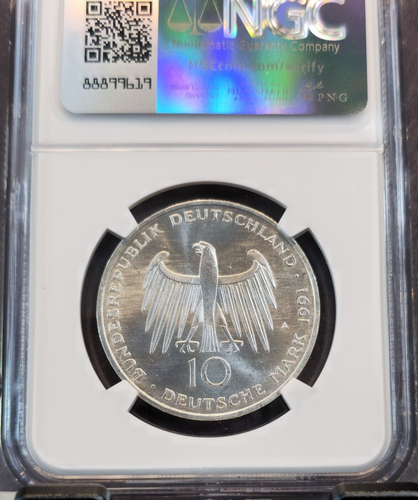 1991 GERMANY SILVER 10 MARK S10M BRANDENBURG GATE NGC MS 65 GREAT LOOKING GEM BU - Picture 2 of 3