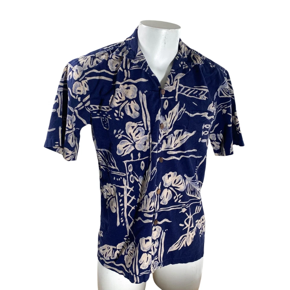 Camisa Hawaiana Hilo Hattie Mediana Floral Abstracta Flores Hojas Azul Tostado Foto 2 de 4