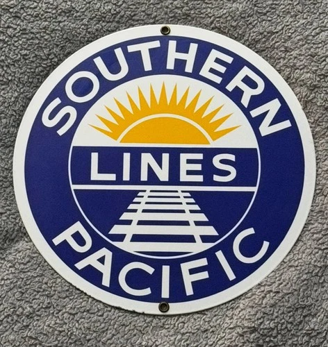 Vintage Southern Lines Pacific Railroad Porcelain Enameled Train Metal Sign