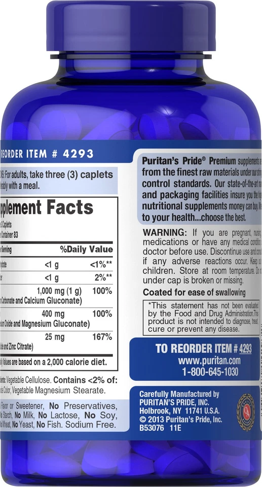 Puritan's Pride螯合钙镁锌 - 250 粒 — 第 2/4 张图片