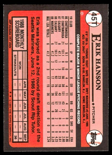 1989 Topps Traded Erik Hanson Seattle Mariners #45T - Picture 2 of 2