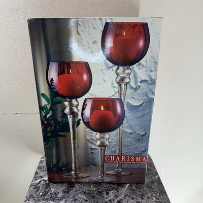 Charisma 24k Gold Hand Painted Red Hurricane Candle Holders Set of 3 New in Box