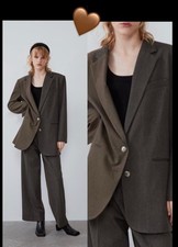 Zara COMBINED CHECK BLAZER Brown Bnwt Size S Oversized 💚