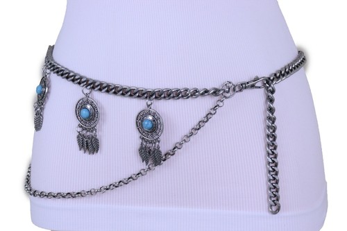 Women Antique Belt Silver Metal Chain Feather Turquoise Beads Charms Plus XL XXL - Picture 22 of 24