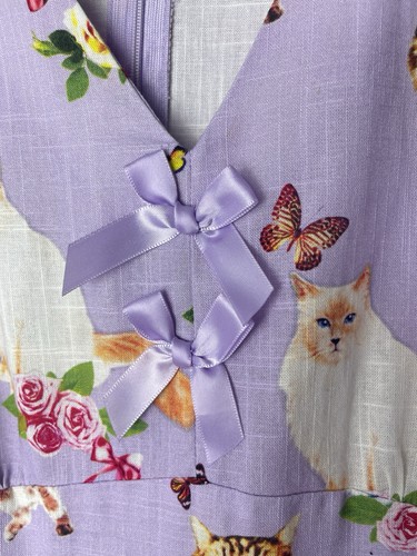Dangerfield Curve Kitsch Kitty Print Dress Size 16 Zip Close Pockets Bows New - Picture 6 of 12