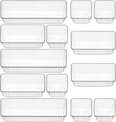 12 Pack Clear Drawer Organizer Set, 3 Sizes Bathroom, Make up Organizer Trays