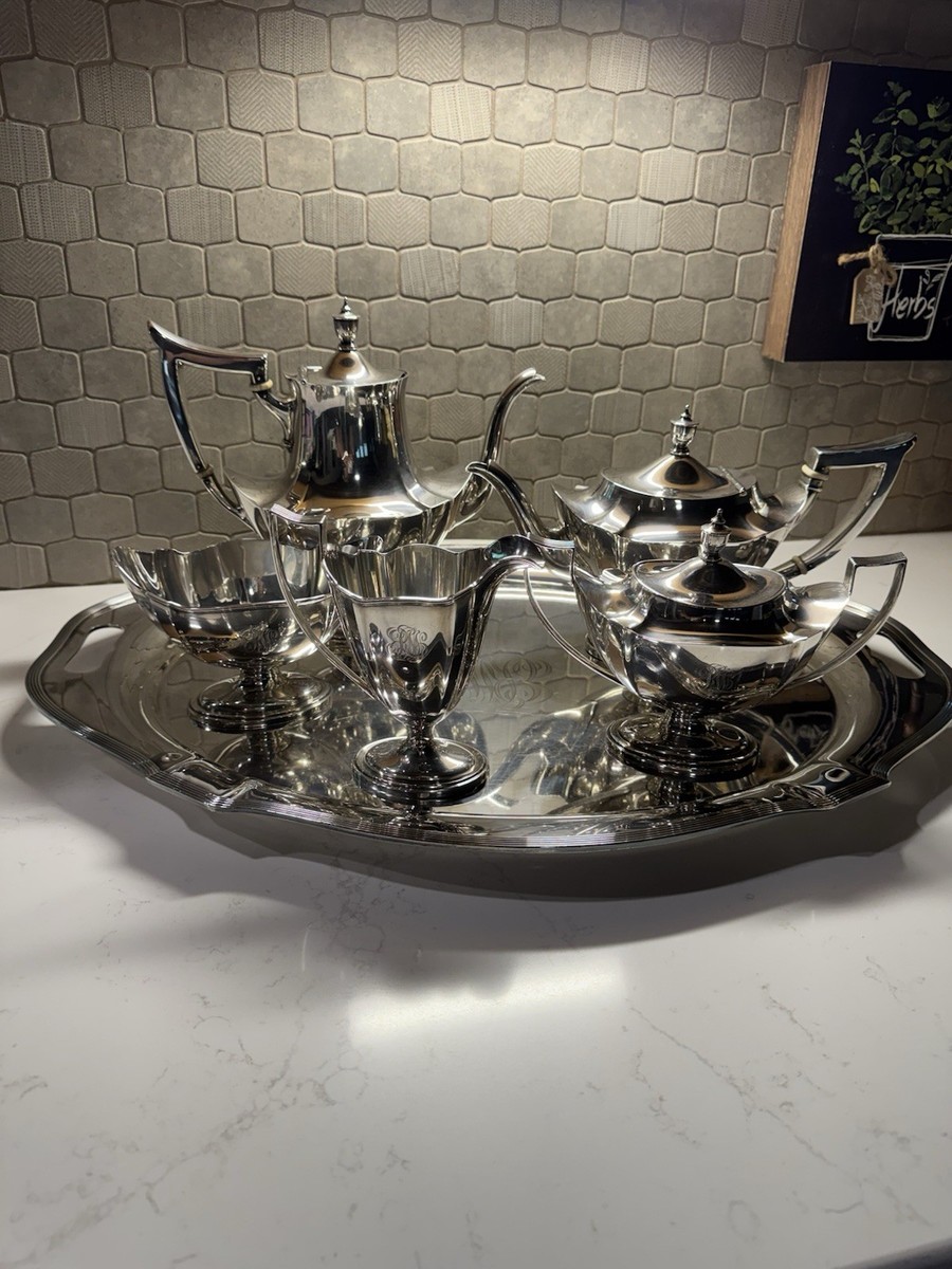 M1314 Antique 1910s 純銀 Gorham ハート型 トレイ Vintage Gorham Plymouth Sterling Silver 5 Piece Tea Set W/ Serving