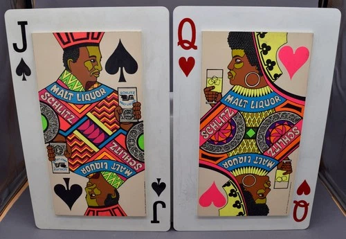 VINTAGE 1970s SCHLITZ MALT LIQUOR JACK OF SPADES QUEEN O HEARTS CARDS BEER SIGNS