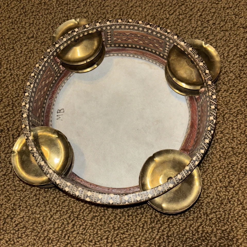 WOODEN EGYPTIAN TAMBOURINE/RIK WITH Inlaid Veneer & BRASS CYMBALS 8” Diameter - Image 2 of 4