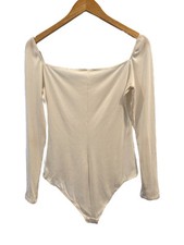 REFORMATION JEANS Gaia Size L Cream Ribbed Square Neck Long Sleeve Bodysuit USA
