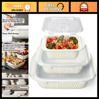 Large Ceramic Casserole Dishes Set of 3 - Oven Safe Baking Pan with Lids, Deep L