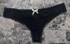 NWT BODY BY VICTORIA'S SECRET S BLACK LACE SMOOTH PINK BOW RARE THONG PANTIES