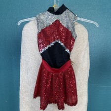 Girls Dance Costume Leotard  Skirt 2-Piece MC Red Silver Black Sequin Sparkle