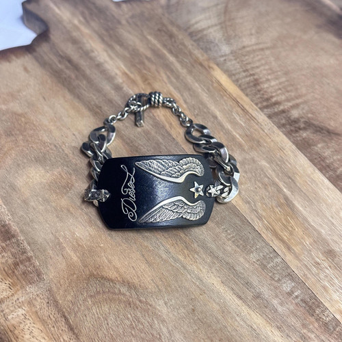 Vintage Rare Diesel Solid Silver Leather Chain Bracelet Silver Wings Grunge - Picture 1 of 4