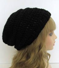 SLOUCHY BEANIE HAT BLACK TEXTURED EDGE ACRYLIC HANDMADE CROCHET
