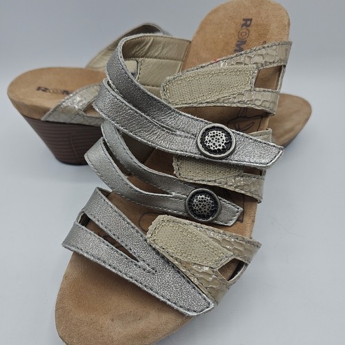 Romika Silver Snake Print Leather Sandals Womans Size 37 6-6.5 Adjustable Straps - Picture 3 of 15
