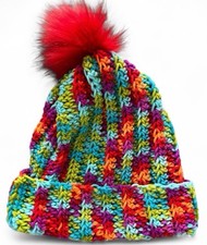 Crochet Ribbed Beanie With Faux Fur Pom Pom - Adult Size Fiesta