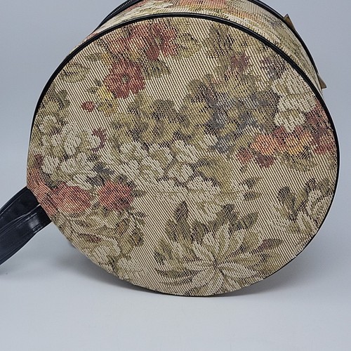 Vintage Lerche 12" runder Koffer grau Hutschachtel Reiseetui mit Schlüssel Blumen genäht - Bild 13 von 16