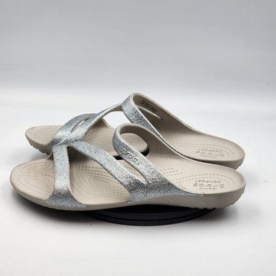 Crocs Kadee II Silver Glitter Sandals Womens 8 Slide Slip On Strappy Sparkle