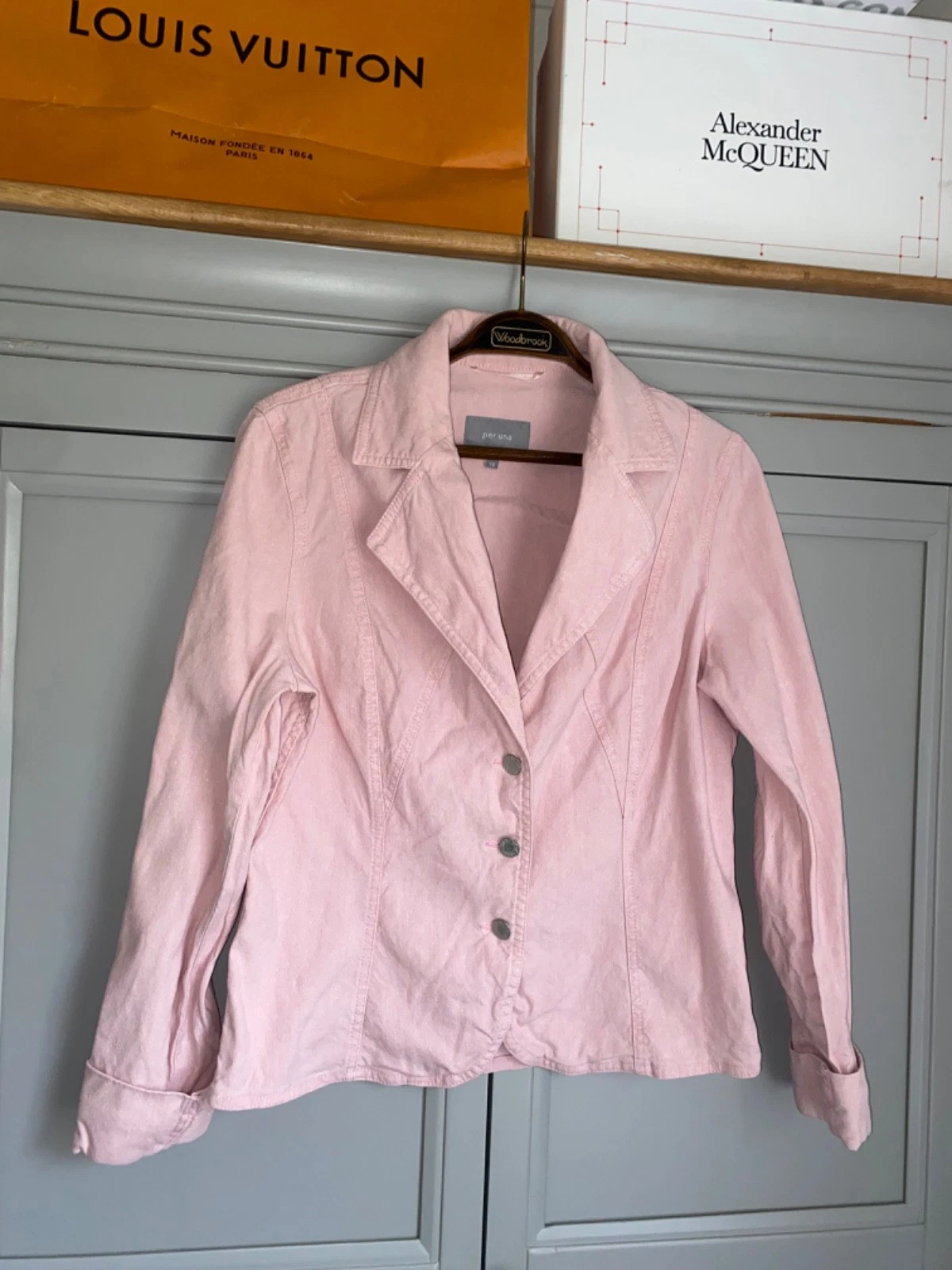 M&S PER UNA Pink Linen Blend Blazer Size 14 Slouchy Button Up Summer