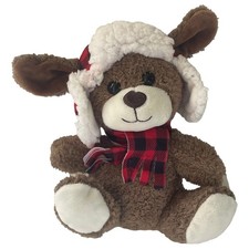 Plush 7.5" Small Long Ear Brown Puppy Dog Stuffed Animal Pal with Plaid Hat