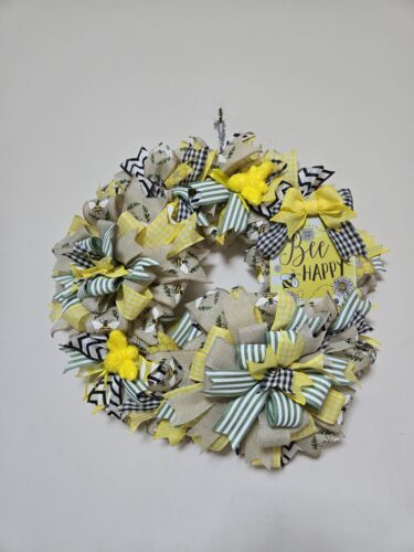 BEE happy WELCOME Spring Summer Fall Front Door Wreath Wall Decor Yellow Green - Picture 7 of 24