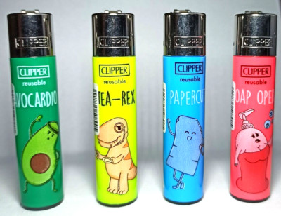 4x Clipper '' Funny Humor 2 '' Feuerzeug, bunt, Reibradfeuerzeuge Clipper, Neuheit