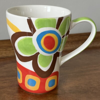 HUES N BREWS Floral Mug Abstract Coffee Cup Red Brown Green Blue Orange Thailand