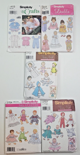 Lot of 5 Simplicity Baby Doll Clothes Sewing Patterns Size S-L, 12"-22" UNCUT
