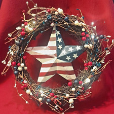 Patriotic Wreath Round 12 Inch Diameter with LED Lights and a Star Flag Center