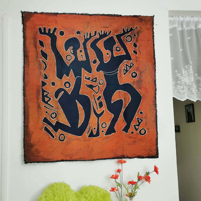 Batik Art, Cotton Tapestry Wall Hanging, Natural Hand Dyed 30x33'' - Duett Dance