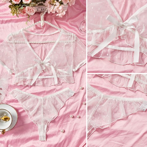 Sexy Lingerie Set White Lace See-through Pajamas Sleepwear Outfits Nightwear - Picture 2 of 14